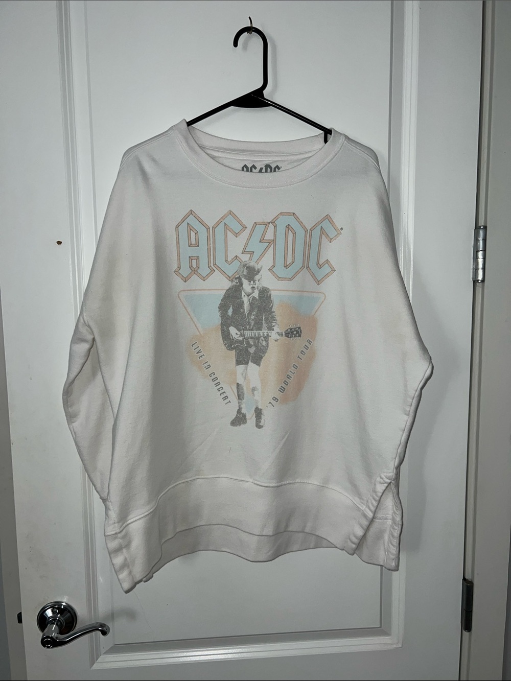 AC/DC White Sweatshirt with Muted Blue and Peach Graphic